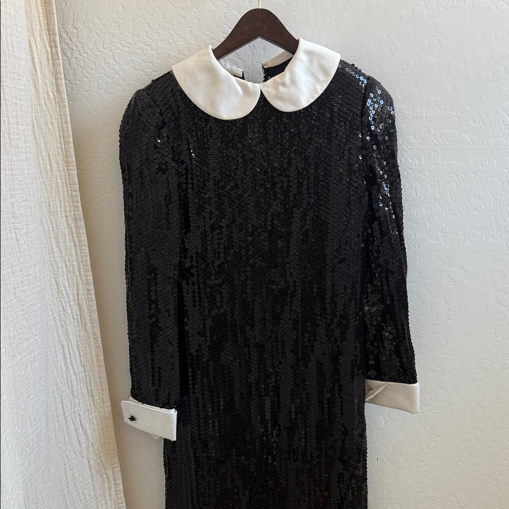 Vintage 1990s Black Sequin Evening Cocktail Dress with Peter Pan Collar
